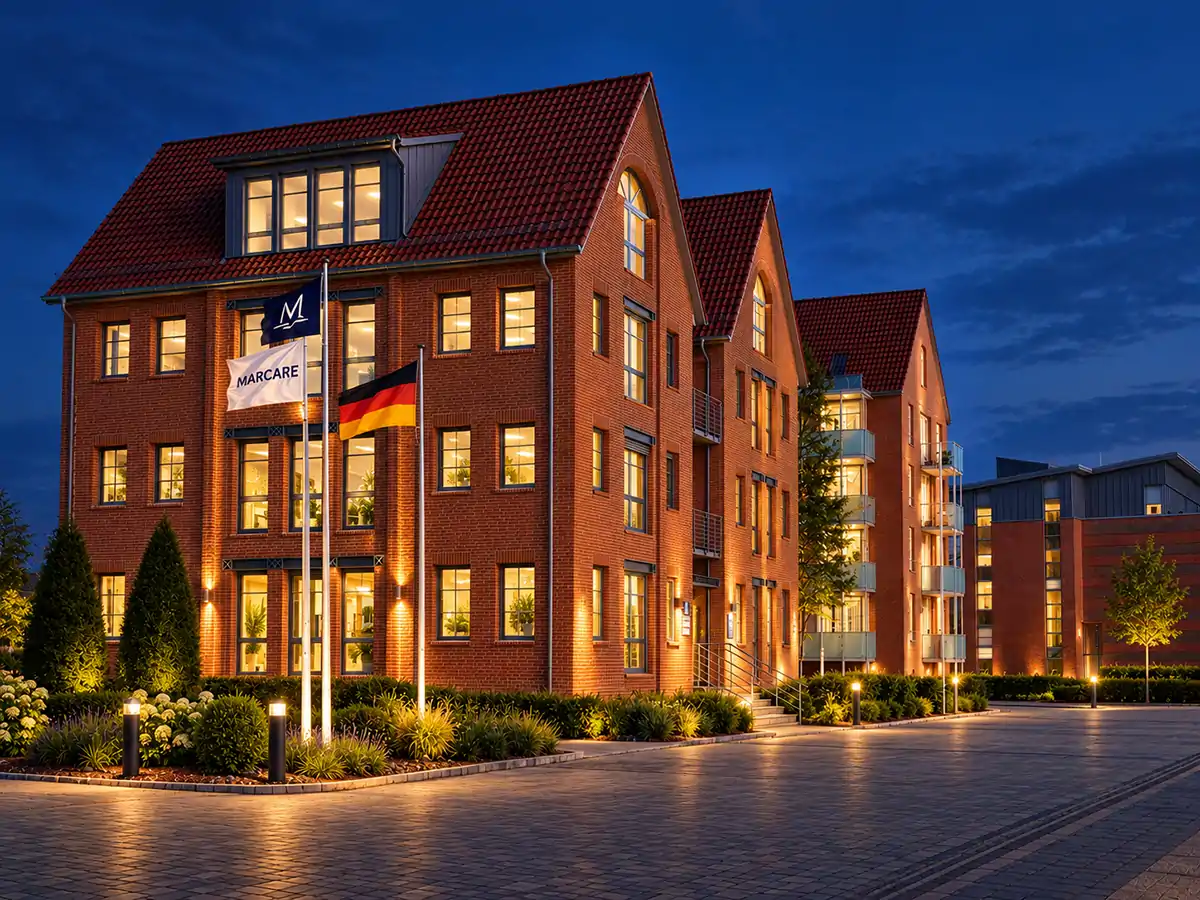 MARCARE headquarters in Elsfleth illuminated at night